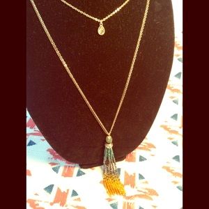 Emerald, Bronze & Gold Tassel Pendant Necklace